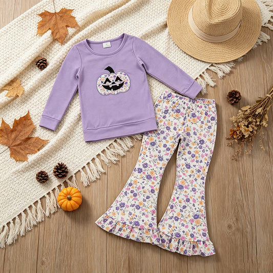 RTS NO MOQ milk silk GLP3618 Embroidery Flowers Ghost Pumpkins Baby Girls Ruffle Bell Bottom Pant Halloween Set