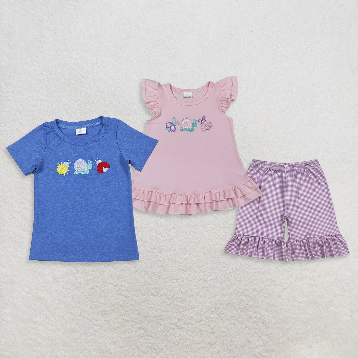 RTS NO MOQ （In stock ）Blue cotton short sleeves snail embroidery boys shirt and Flutter sleeves bee snails girls outfits