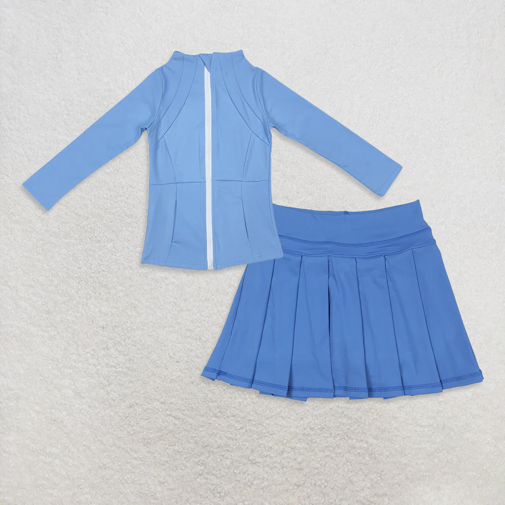 10.31 RTS NO MOQ （In stock）GT0684 + GLK0084 Baby Girls Blue Zipper Pockets Jackets Skirt Shorts Yoga Active Clothes Sets