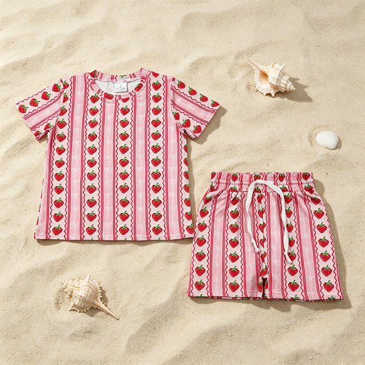 GSSO3649 RTS NO MOQ （In stock ）Short sleeves strawberry bow top shorts girls outfits