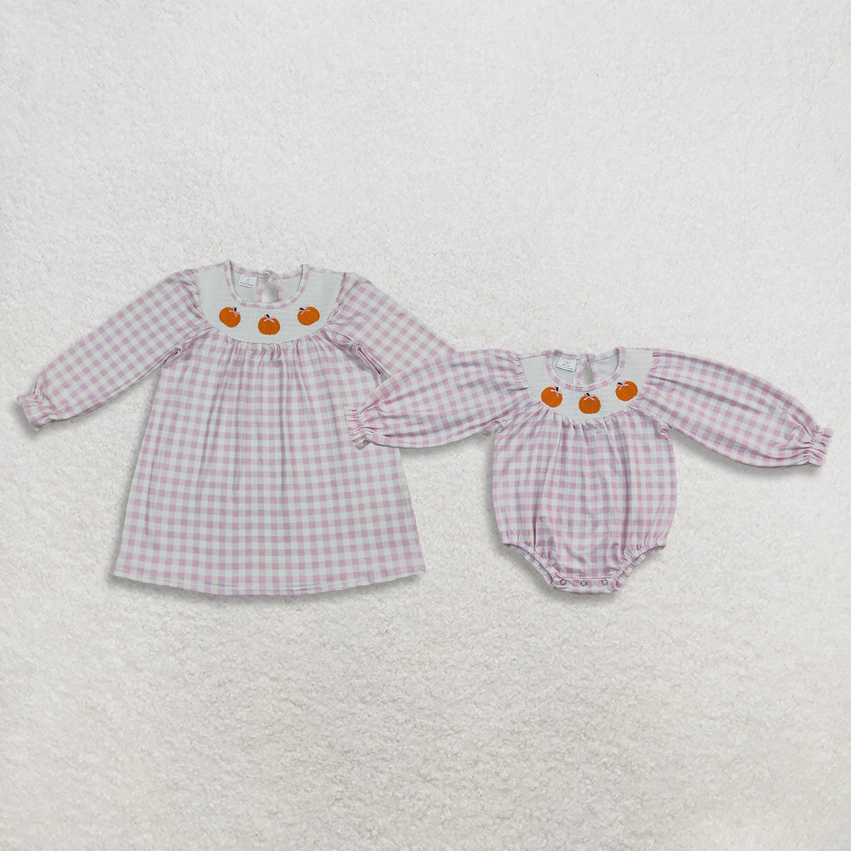 RTS NO MOQ Sibling milk silk Smocked Bows Pumpkins Pink Checked Fall Knee Length Dress Ruffle Rompers