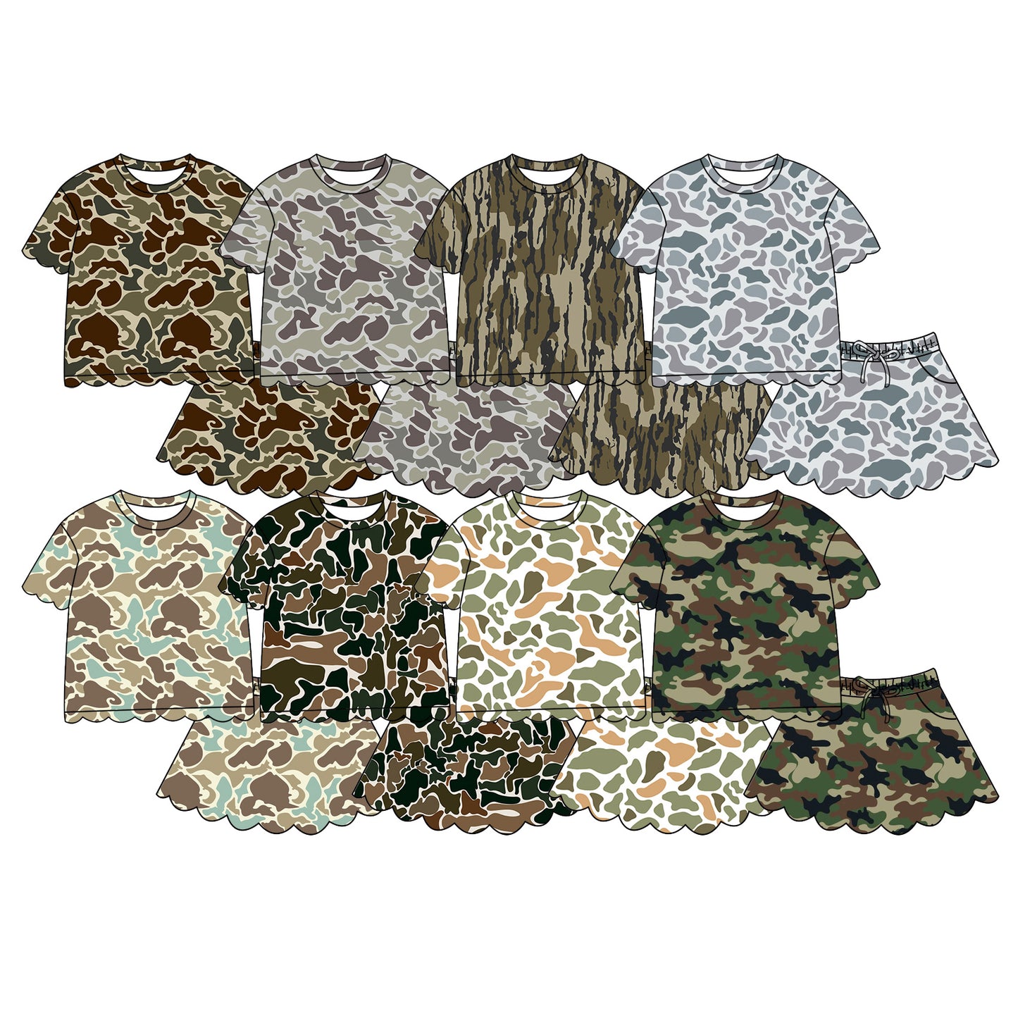 4.29 Pre order No Moq Baby Girls Casual Camo Short Sleeve Top Scallop Pockets Skirt Shorts Bottom Sets