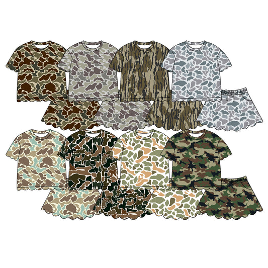 4.29 Pre order No Moq Baby Girls Casual Camo Short Sleeve Top Scallop Pockets Skirt Shorts Bottom Sets