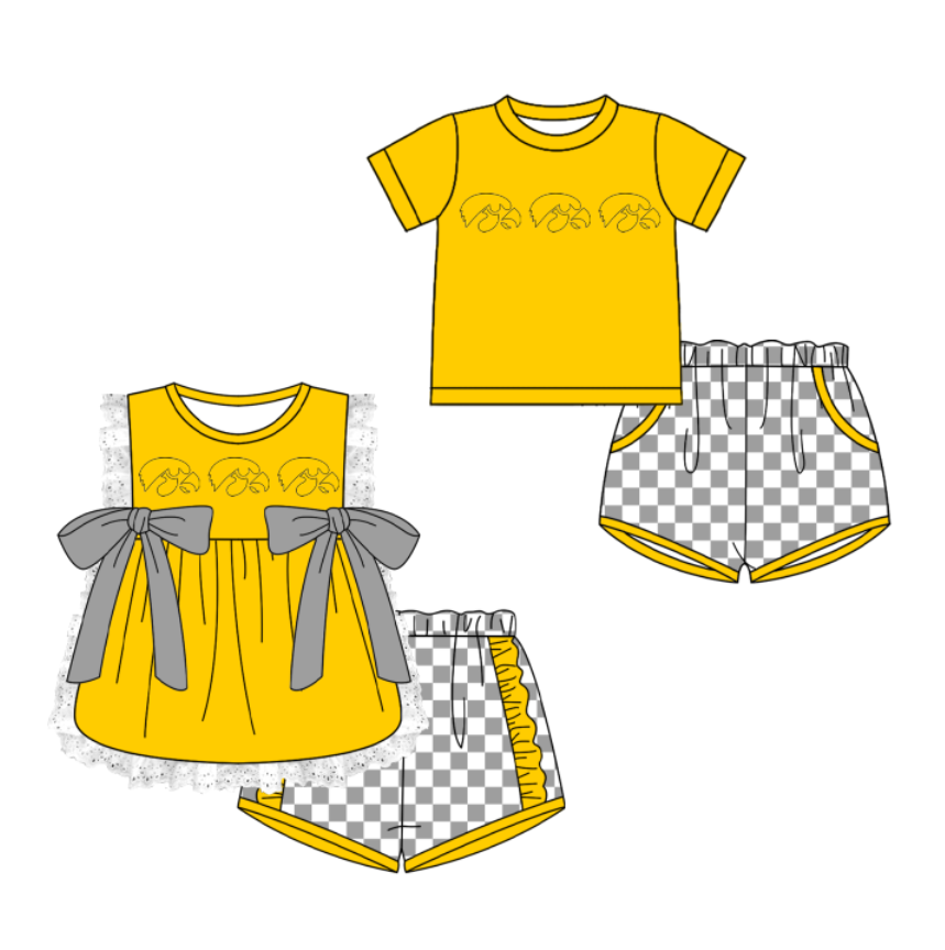CUSTOM MOQ 5 Cute Kids Clothing Sibling Boys Baby Girls Summer Yellow Bow Top Gray Checked Shorts Team Clothes Sets