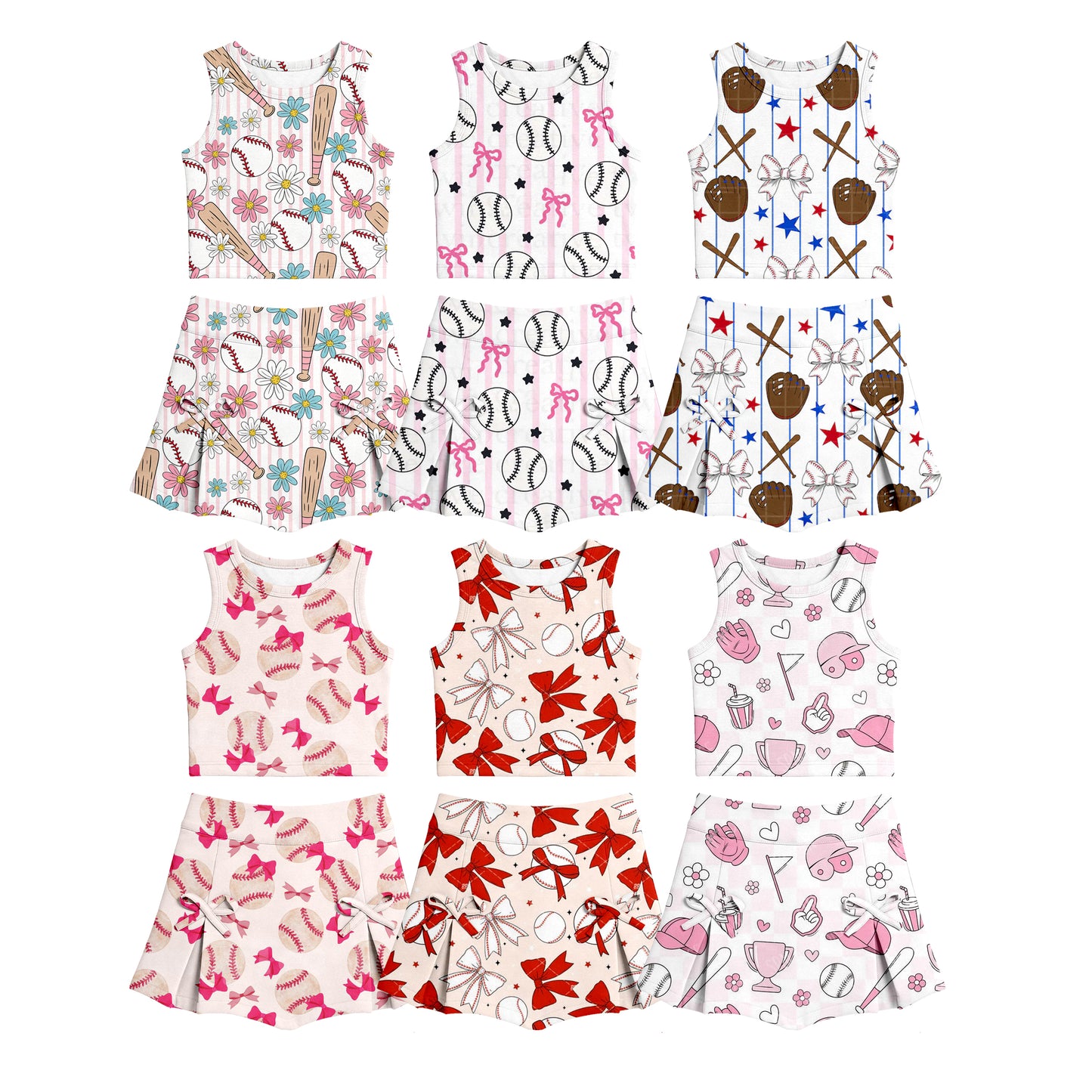CUSTOM MOQ 5 Sibling Baby Girls Summer Baseball Top Skirt Yoga Activewear Clothes Sets