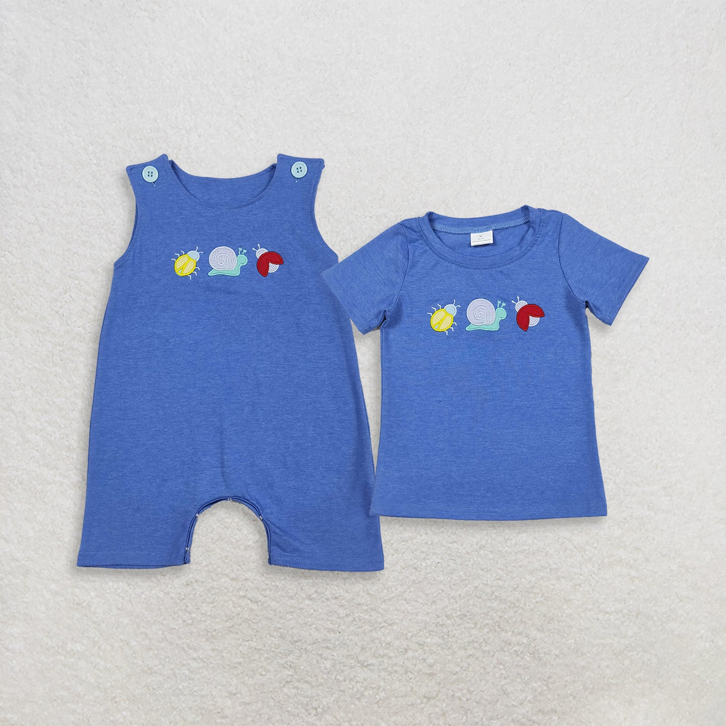 RTS Sibling Blue cotton short sleeves snail embroidery boys shirt and romper
