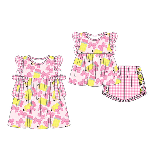 CUSTOM MOQ 5 Sibling Baby Girls Back To School Pencil Flutter Sleeve Top Shorts Knee Length Dress Clothes Sets