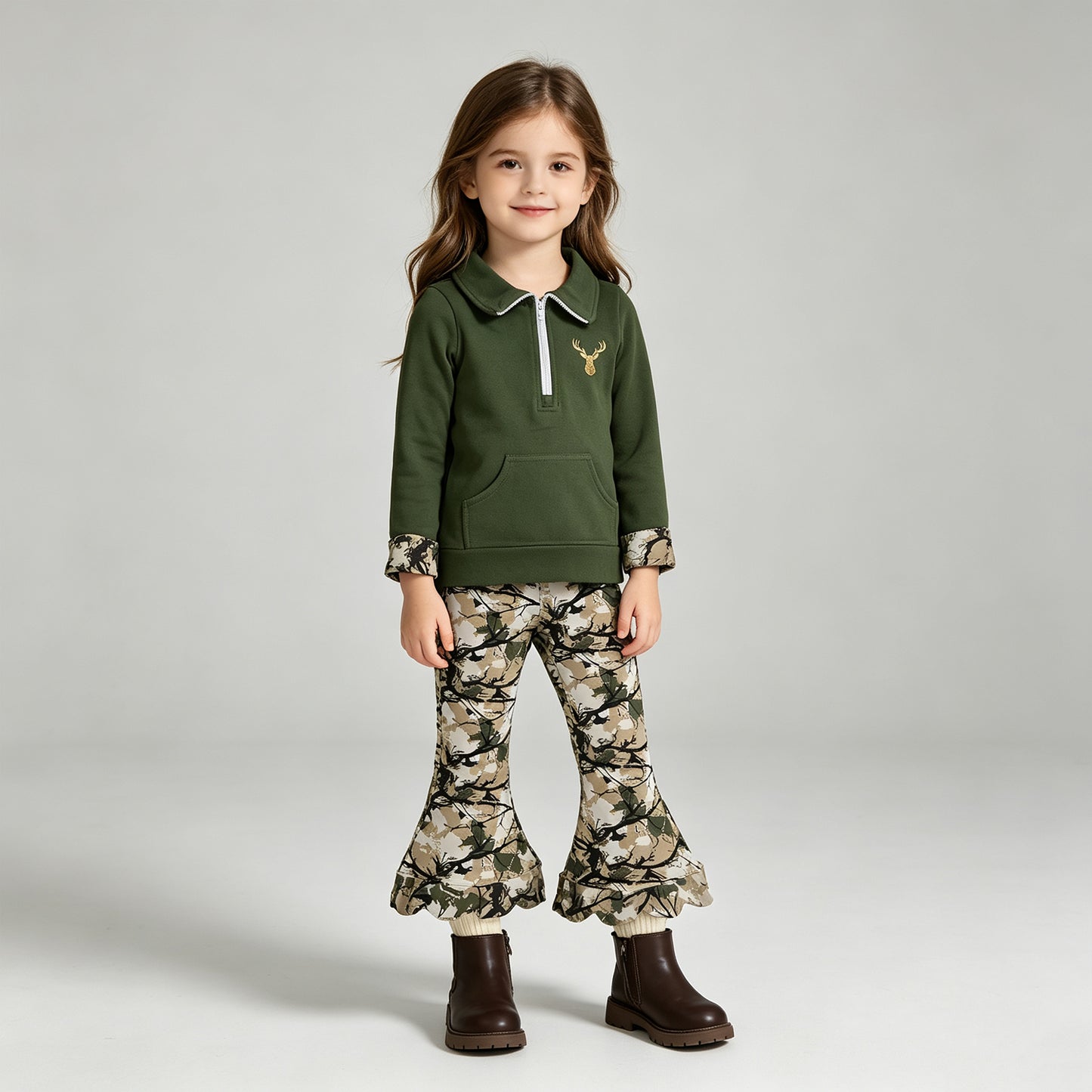 GLP3369（GT1694+P1035） RTS NO MOQ （In stock）milk silk Embroidery Baby Girls Green Deer Embroidery Zip Pocket Top Scallop Full Length Pants Casual Outfit Sets