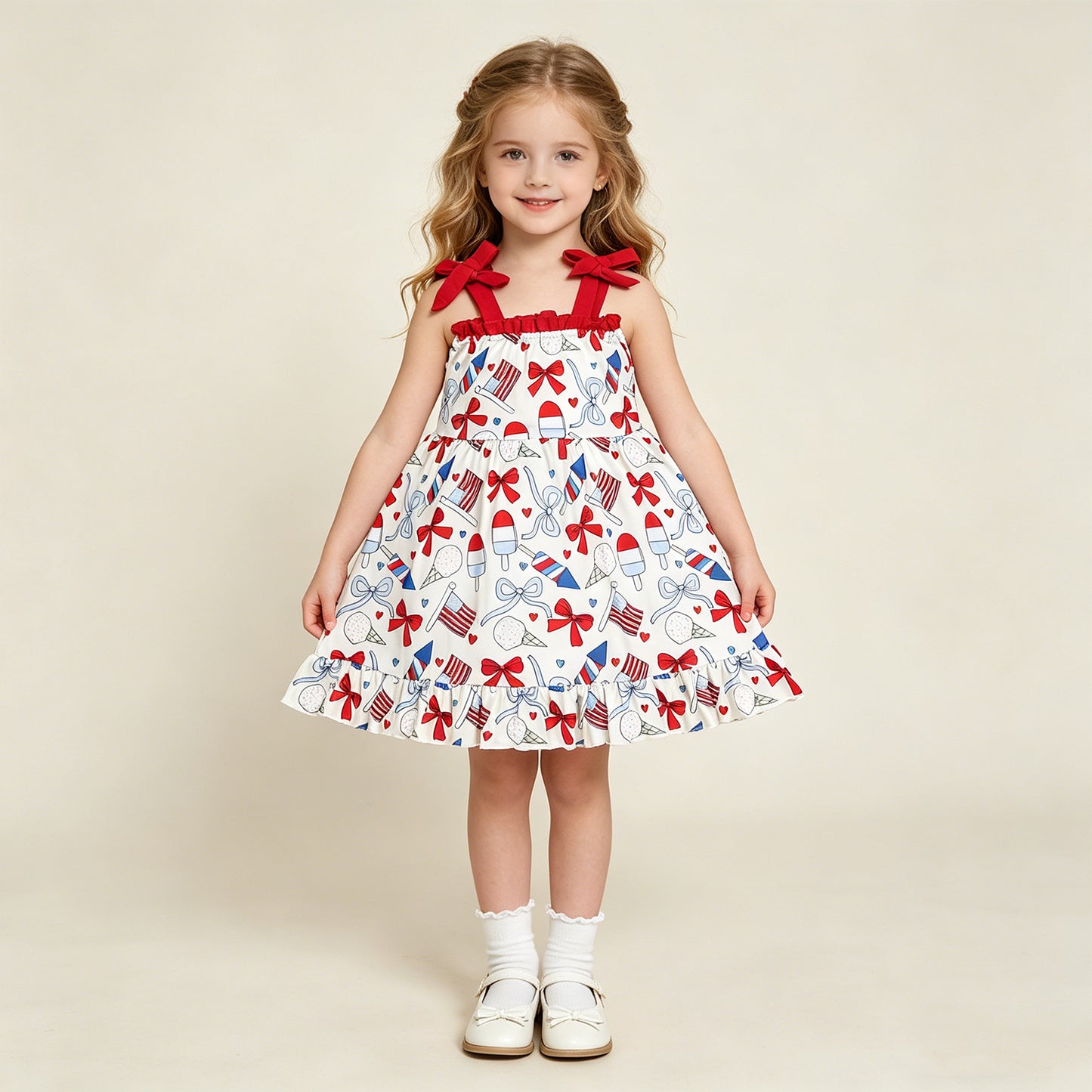 GSD3723 RTS NO MOQ （In stock ）Straps popsicle bow flag girls ruffle 4th of july dresses
