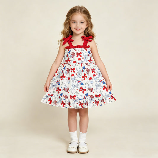 GSD3723 RTS NO MOQ （In stock ）Straps popsicle bow flag girls ruffle 4th of july dresses