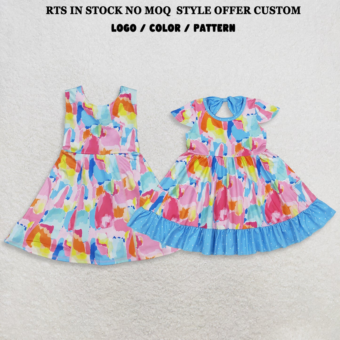 RTS NO MOQ Sibling milk silk Baby Girls Short Sleeves Tie‑dye Print Pockets Ruffle Knee Length Dresses