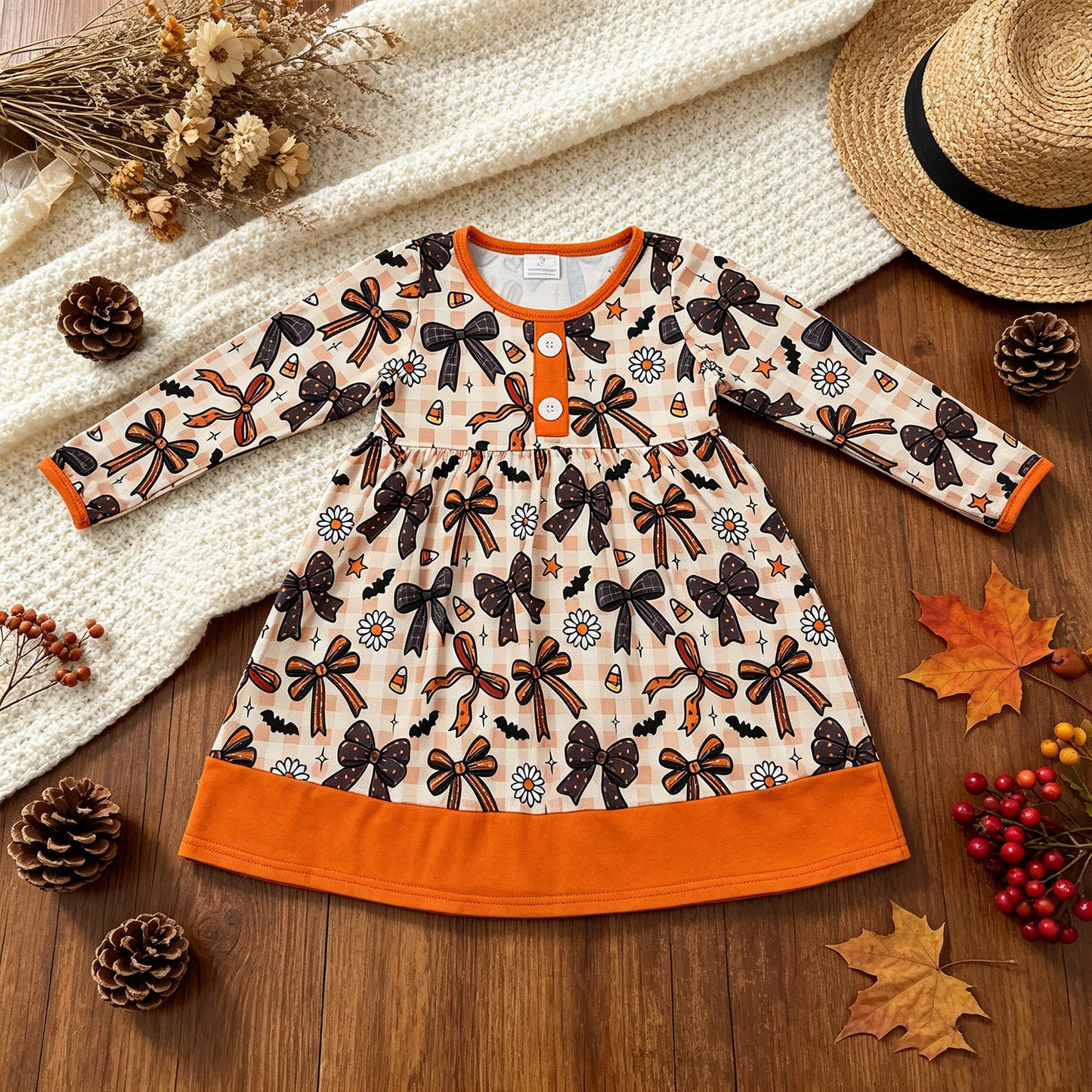 RTS NO MOQ （In stock）milk silk GLD1708 Baby Girls Halloween Floral Print Button Front Ruffle Hem Knee Length Dress