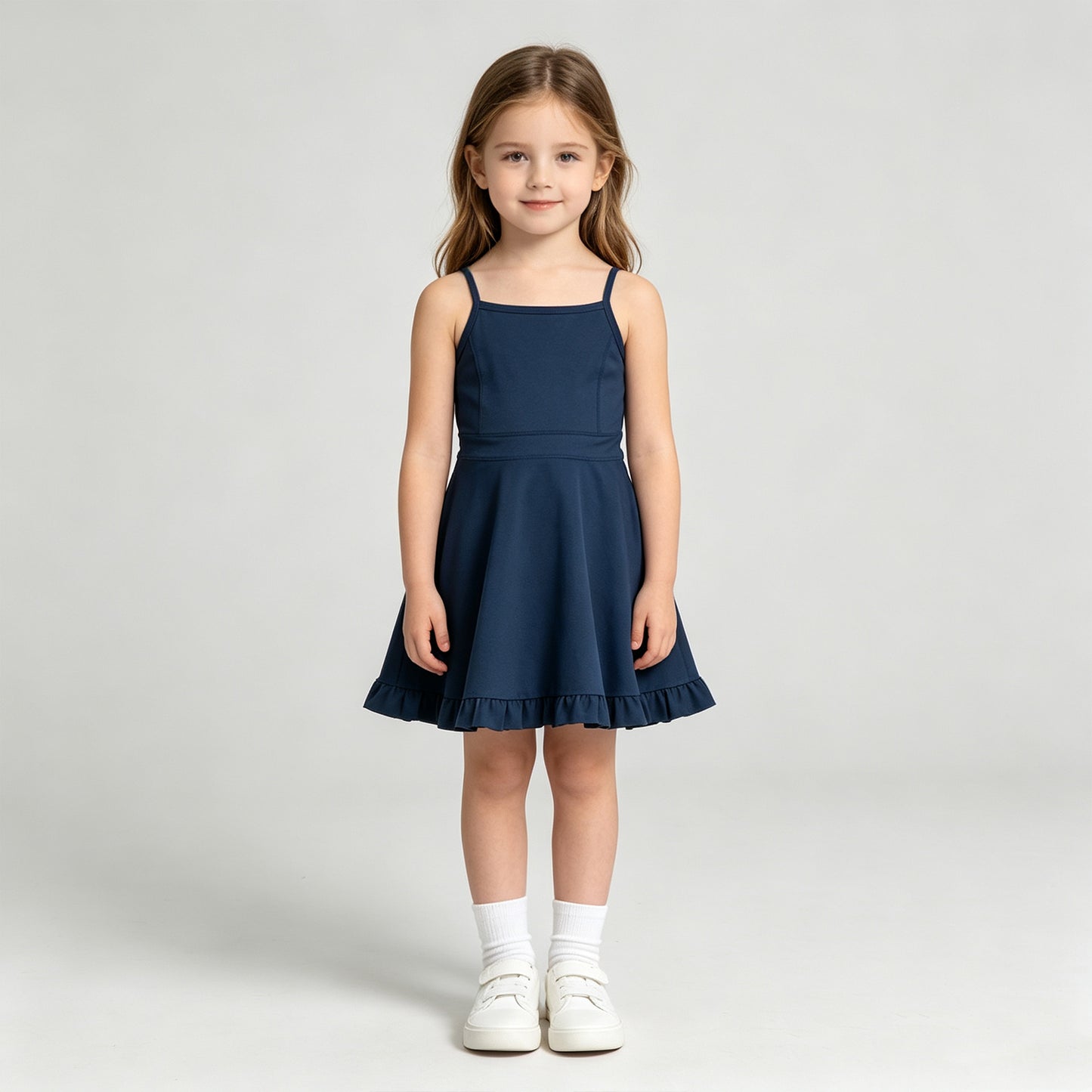 S0779 RTS NO MOQ （In stock）Navy straps ruffle baby girls athletic dress with shorts