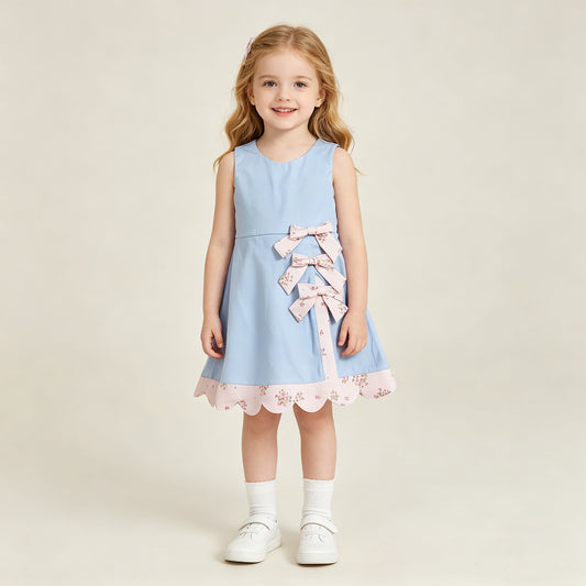 GSD3030 RTS NO MOQ （In stock ）Sleeveless floral bow light blue kids girls summer athletic dress