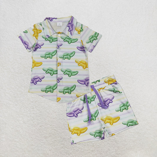 5.13 RTS NO MOQ （In stock）BT1393+SS0678 Dinosaur boys Mardi Gras button down shirt outfits