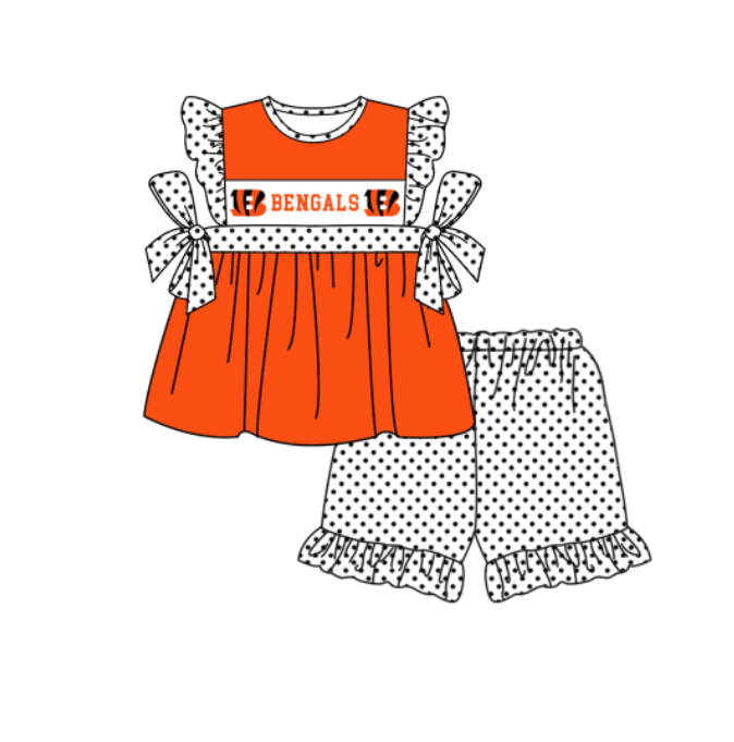 CUSTOM MOQ 5 Sibling Baby Kids Orange Polka Dots Top Shorts Clothes Set Knee Length Dress Rompers