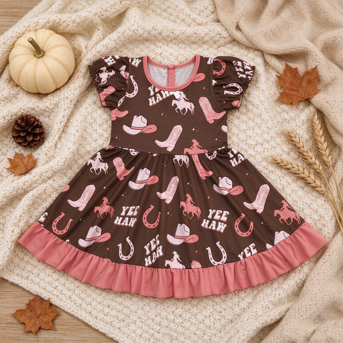 RTS NO MOQ （In stock）milk silk GSD0748 Baby Girls Boots Yee Haw Western Ruffle Knee Length Dresses