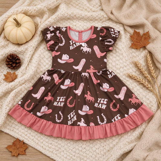 RTS NO MOQ （In stock）milk silk GSD0748 Baby Girls Boots Yee Haw Western Ruffle Knee Length Dresses