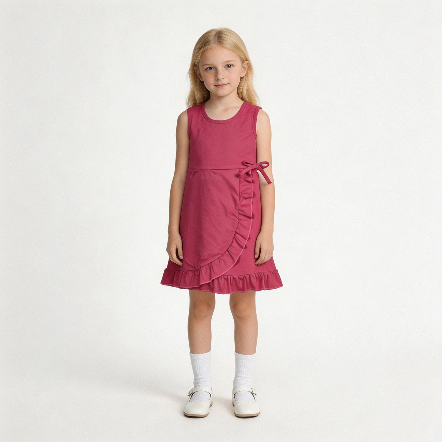 GSD3766 RTS NO MOQ （In stock）Sleeveless hot pink bow ruffle kids girls summer athletic dress