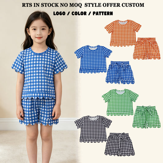 RTS NO MOQ Sibling milk silk Baby Girls Checked Shirt Top Pockets Short Scallop Clothes Set Summer Casual Outfit