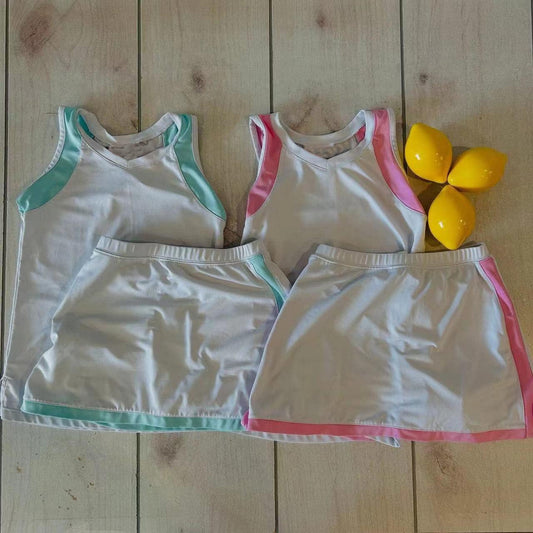 Girls Active Wear Set Sleeveless White Patchwork Top Skirt Comfortable Sportswear for Kids
