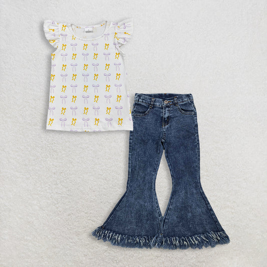3.9 RTS NO MOQ （In stock）GT1147 + P0132 Baby Girls Yellow Lavender Bows Plaid Tee Shirts Top  Navy Tassel Denim Bell Pants Clothes Sets