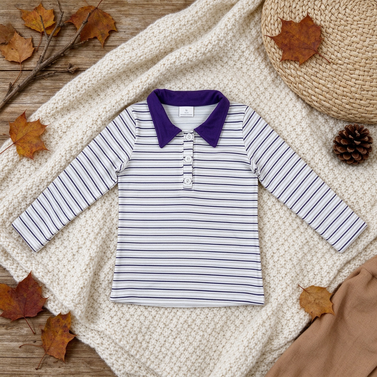 RTS NO MOQ （In stock）milk silk BT1911 Baby Boys Long Sleeve Stripe Button Polo Shirts Top