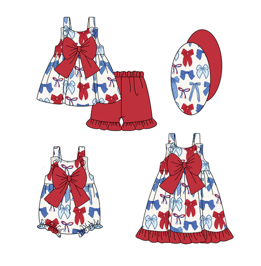 Straps red blue bow tunic shorts girls 4th of July outfits