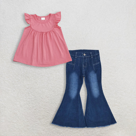 3.10 RTS NO MOQ （In stock）GT0462 + P0457 Baby Girls Dark Pink Flutter Sleeve Tunic Tops Denim Pants Jeans Clothes Set