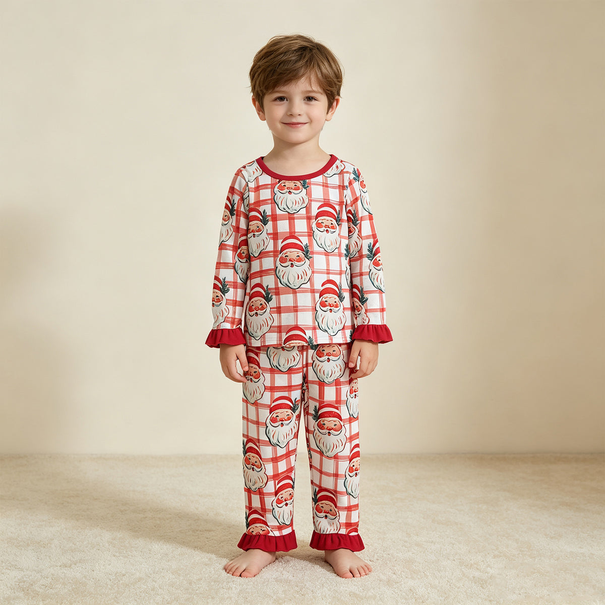 RTS NO MOQ （In stock）milk silk GLP3542 Baby Girls Red Checked Santa Top Ruffle Pants Christmas Pajamas Set