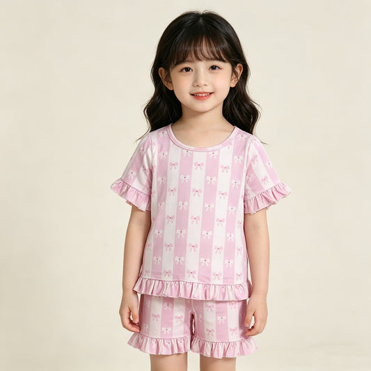 4.10 GSSO3341 RTS NO MOQ （In stock ）Short sleeves pink stripe bow kids girls summer outfits