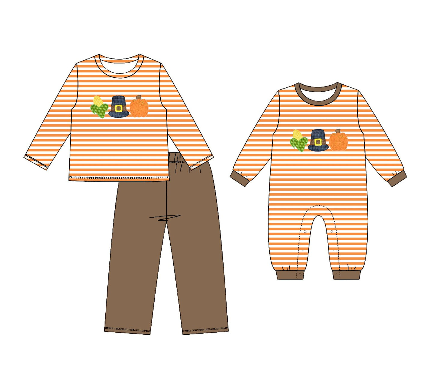 4.23 Pre order No Moq Baby Boys Lovely Orange Striped Pumpkin Corn Pattern Top Pant Romper Set