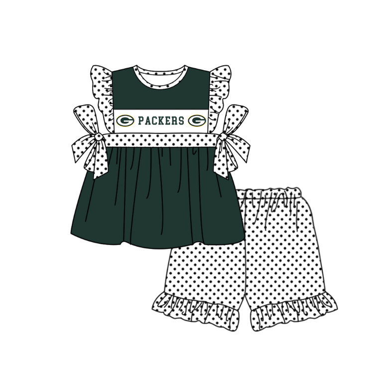 CUSTOM MOQ 5 Sibling Baby KIds Green Top Shorts Clothes Set Knee Length Dress Rompers