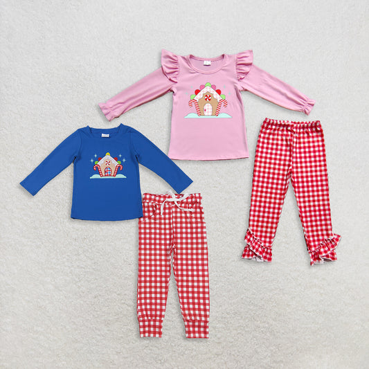 RTS Sibling Baby Winter Outfits Christmas Candy Cane House Top Plaid Pants Set Holiday Matching Family Outfit