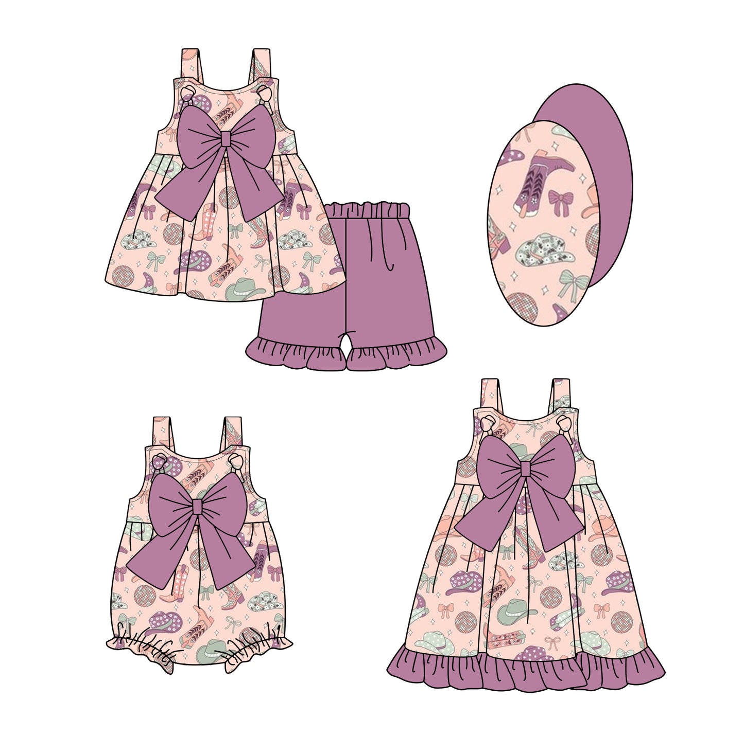 Girls Western Clothes Set with Straps Boots Hat Bow Tunic Ruffle Shorts - Children's Outfit Ensemble