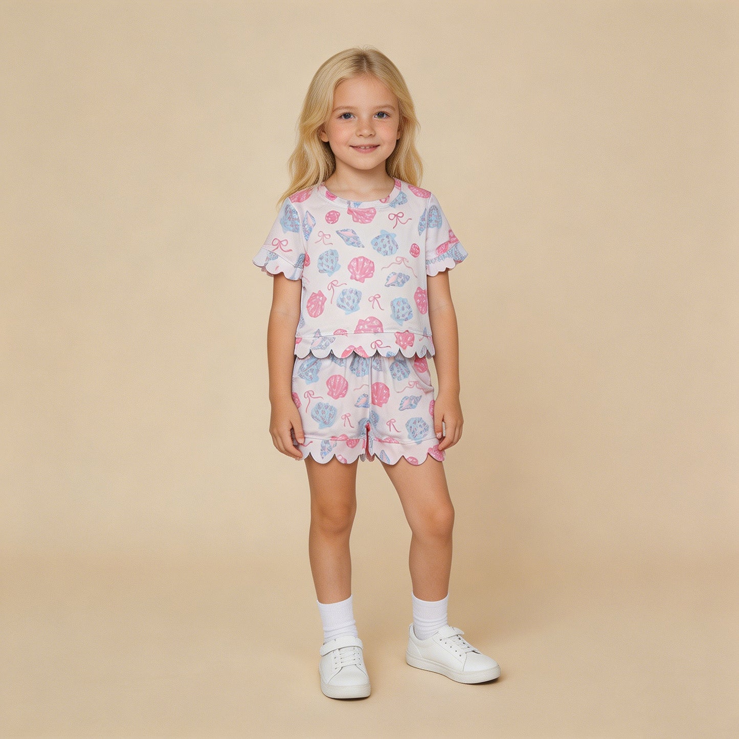 GSSO3731 RTS NO MOQ （In stock）Short sleeves scallop shell bow girls summer outfits