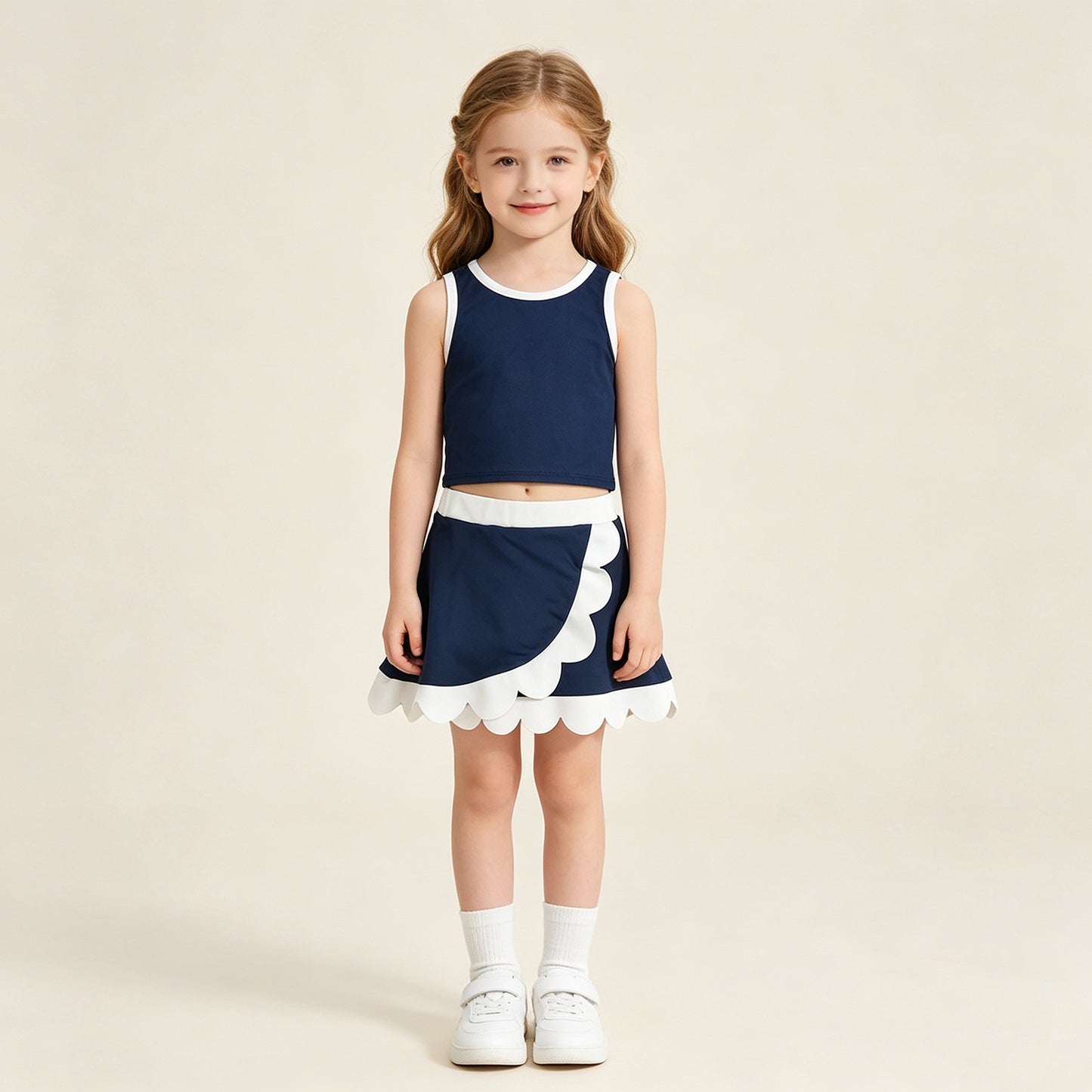GSD4024 RTS NO MOQ （In stock ）Sleeveless navy white scallop girls team active wear set