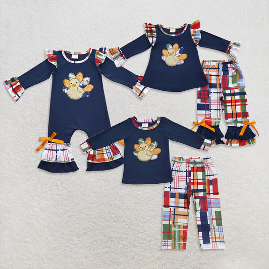 USA Warehouse (IN STOCK)  Girls Navy Turkey Plaid Ruffle Top with Plaid Pants Thanksgiving Outfit Kids Boy Matching Turkey Top Set