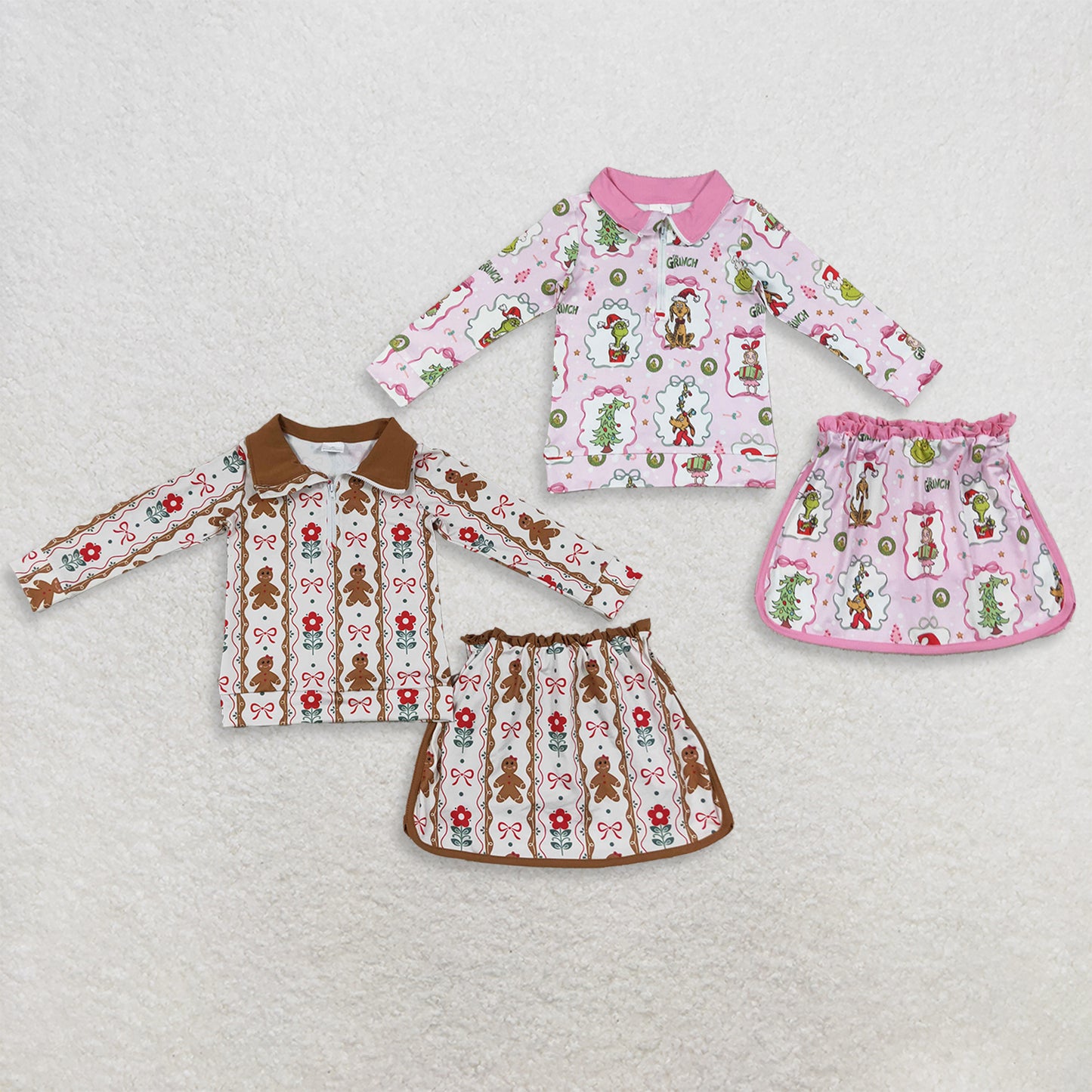 RTS NO MOQ Sibling Baby Girls Floral Gingerbread Bow Print Zip Front Top Skort Two Piece Christmas Outfit Set