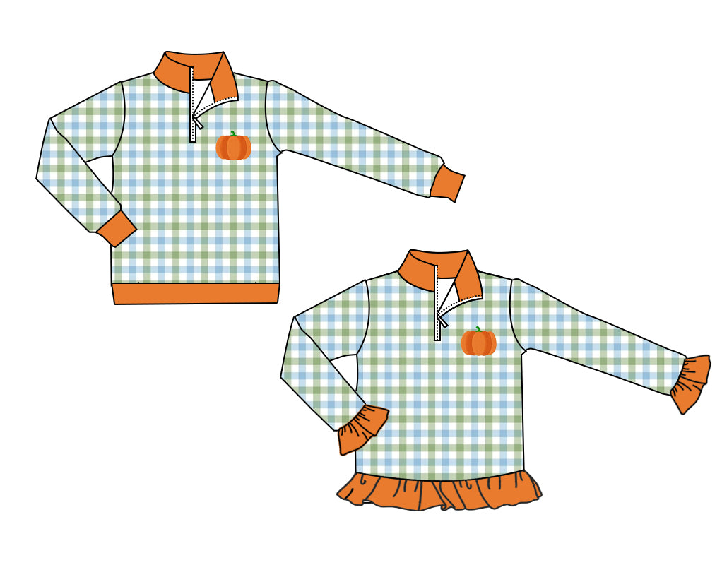4.21 Pre order No Moq Baby Baby Girls and boys Long Ruffle Sleeve Green Checked Pumpkin Fall Zipper Pullovers Top
