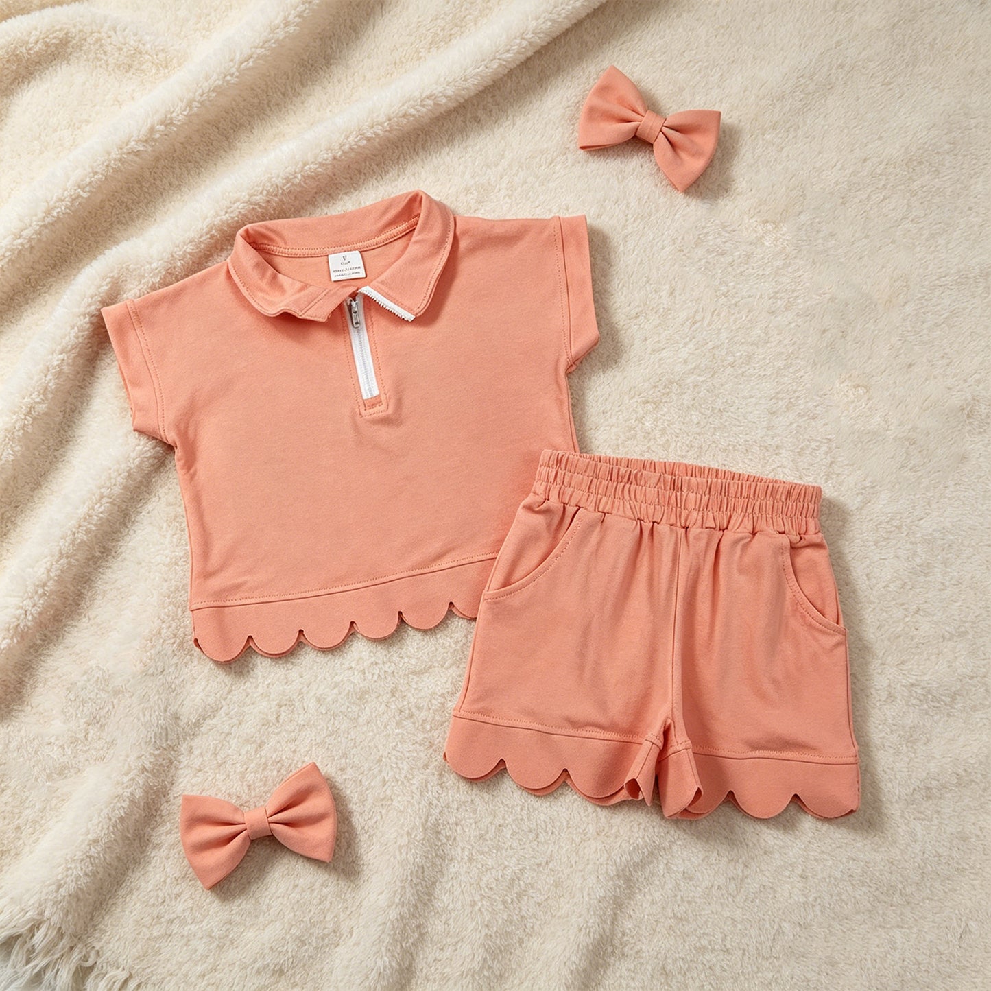 GSSO3374  RTS NO MOQ （In stock）Baby Girls Summer Fashion Short Sleeve Peach Zipper Scallop Pullover Top Pockets Short Checked Set