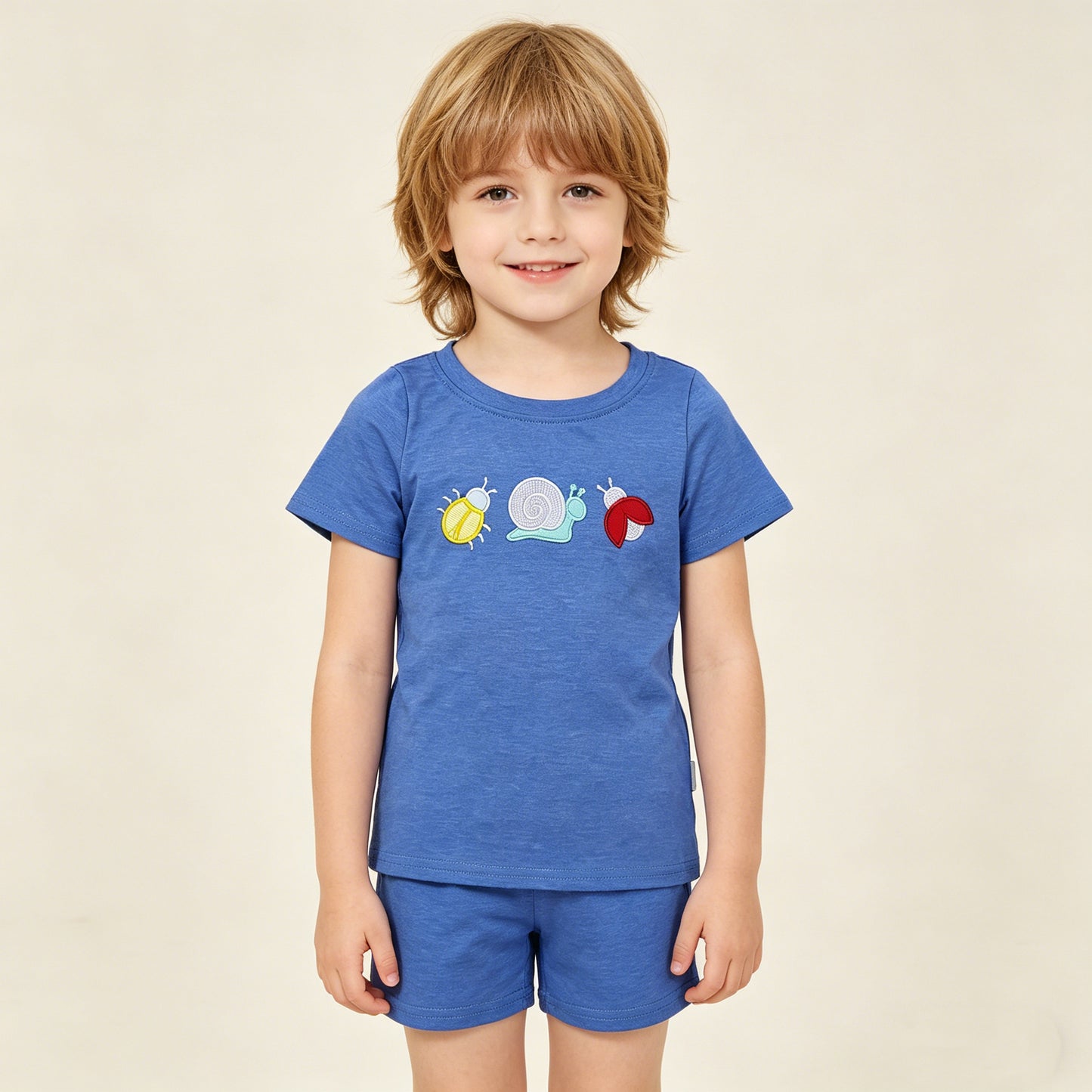 BT1725 RTS NO MOQ （In stock ）Blue cotton short sleeves snail embroidery boys shirt