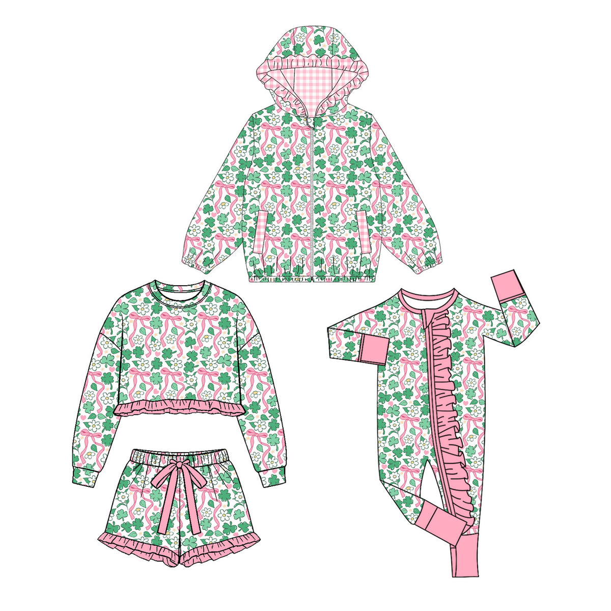 (Preorder new) No moq Baby Girls Bow Print Hooded Zip Jacket Long Sleeve Top Shorts Set Ruffle Zipper Romper Outfit