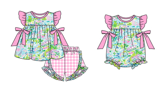 Baby Infant Girls Pink Blue Flowers Bows Rompers  and short sleeve short pants suits