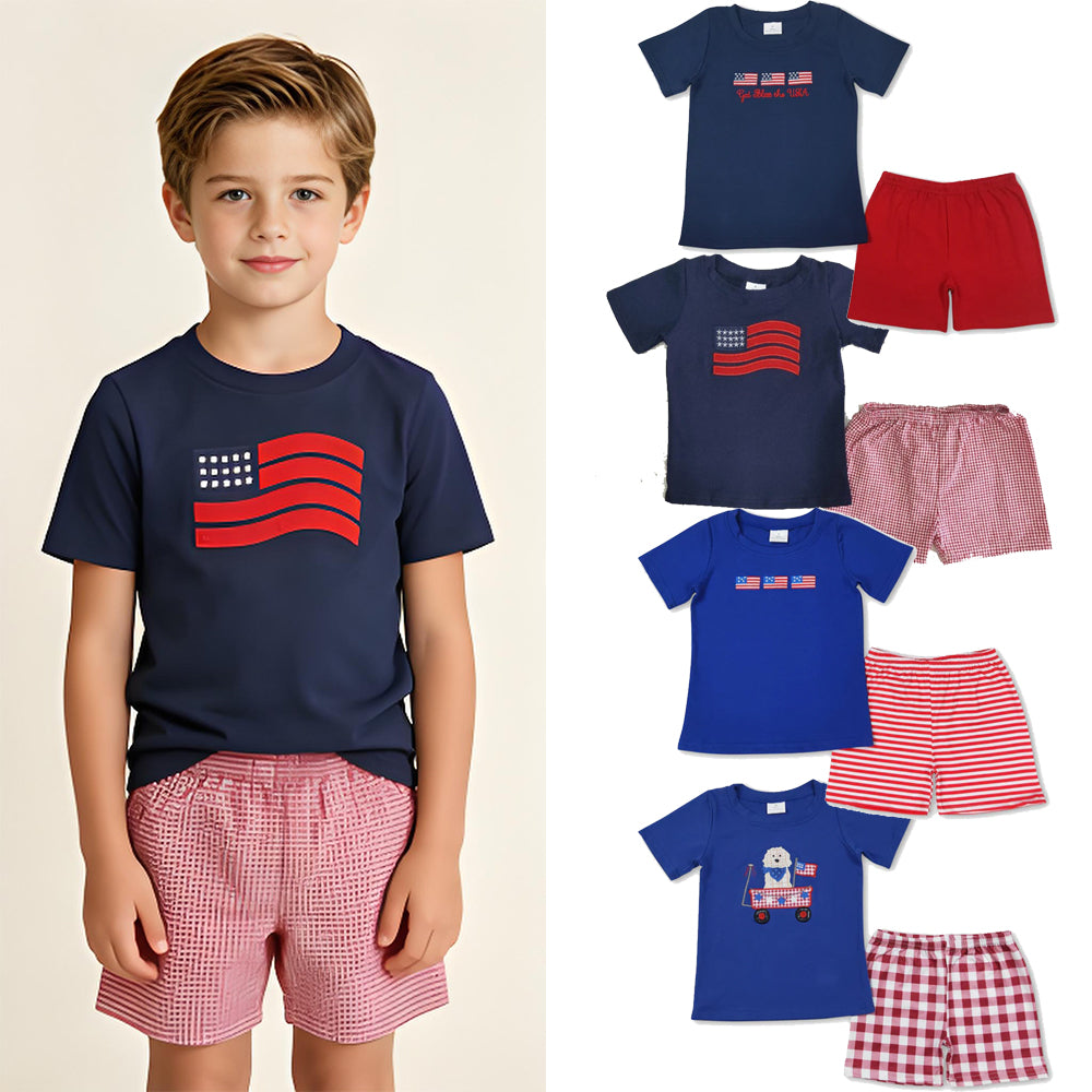 RTS Sibling Dog flag top plaid shorts boys 4th of july clothes