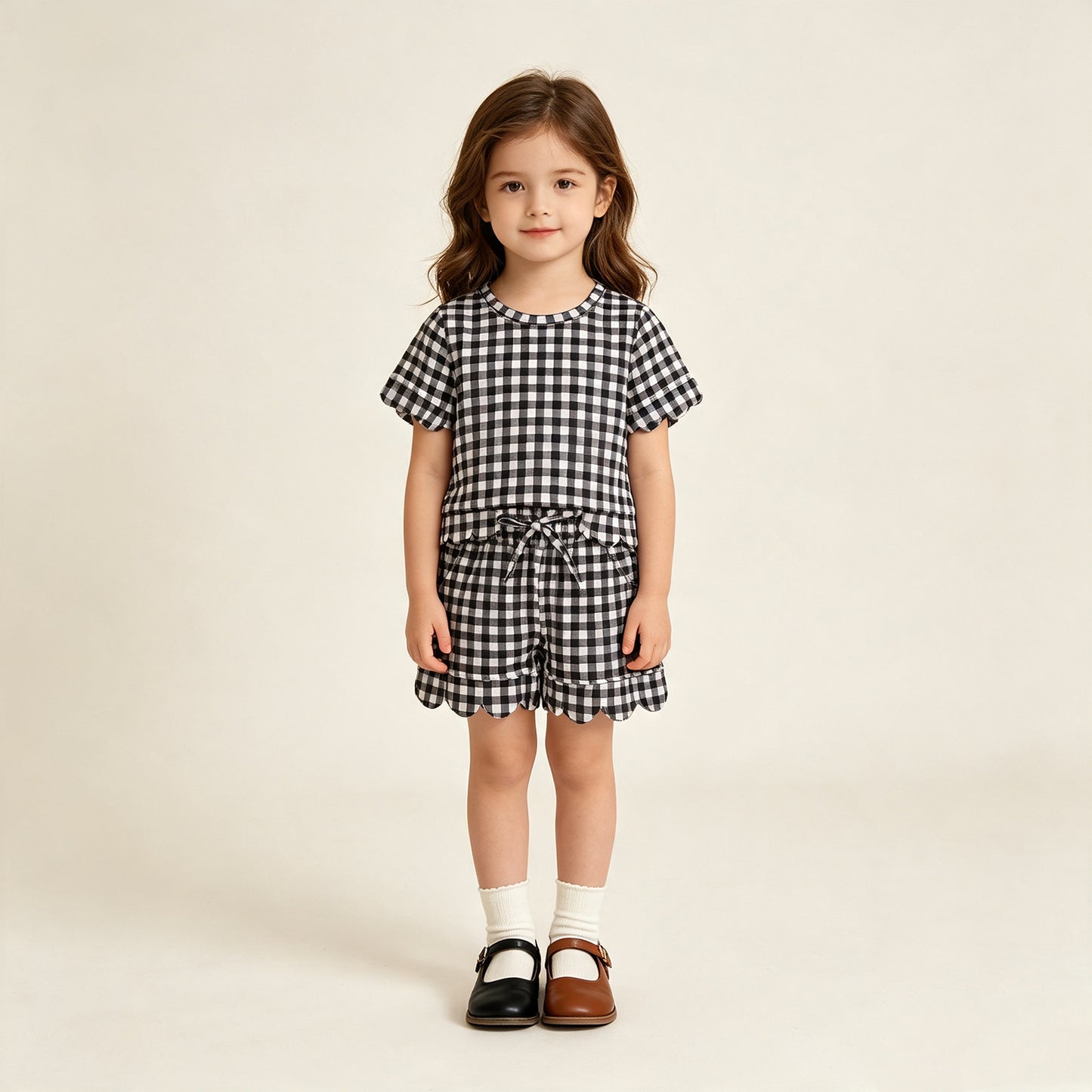 GSSO3842 RTS NO MOQ （In stock）Short sleeves black plaid scallop top shorts girls team outfits