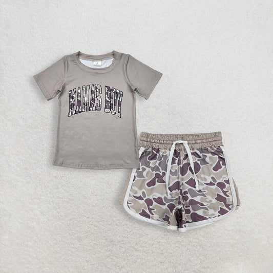 3.16 RTS NO MOQ （In stock）BT1186 + SS0738 Fashion Clothing For Baby Boys Light Green Mama's Boy Camouflage Short Sleeve Tee Shirts Tops Shorts Bottom