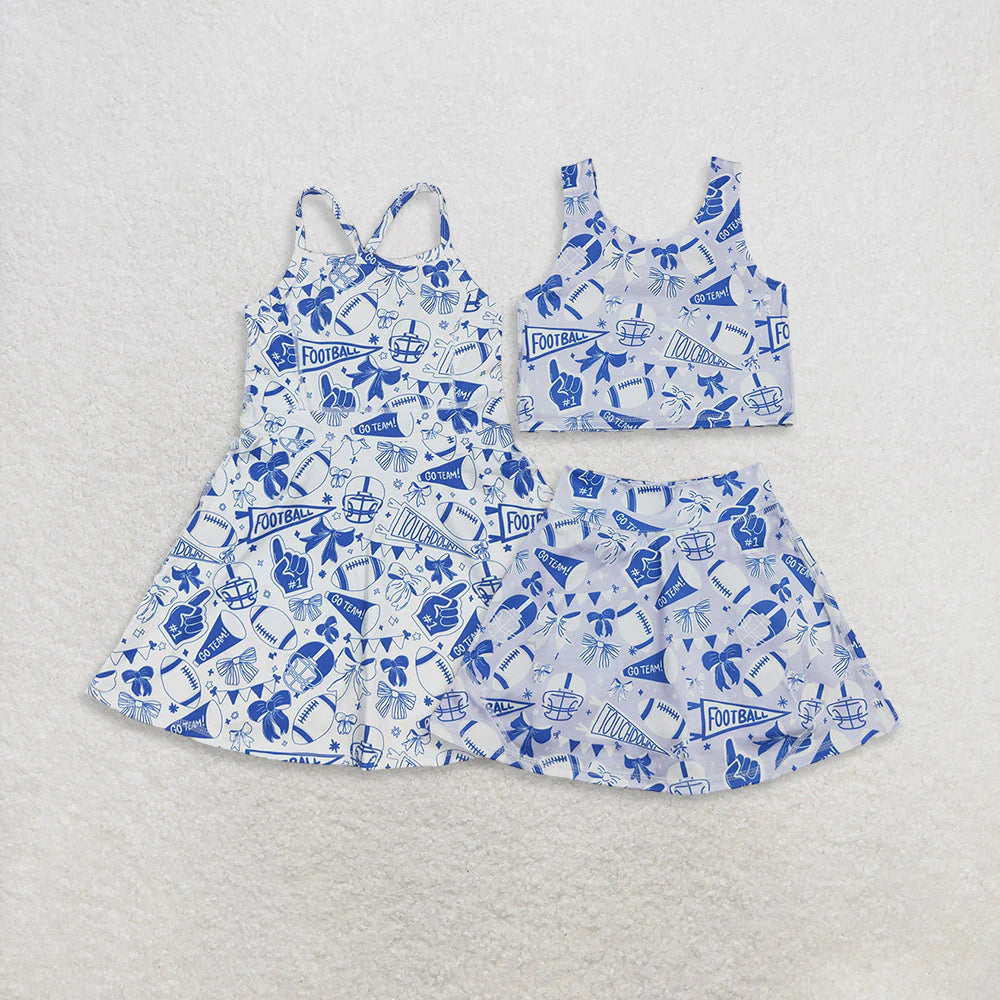 9.22 RTS Sibling Baby Girls Blue Bows Footballs Team Shorts Yoga Clothes Set Knee Length Dresses