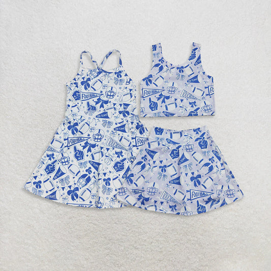 9.22 RTS Sibling Baby Girls Blue Bows Footballs Team Shorts Yoga Clothes Set Knee Length Dresses