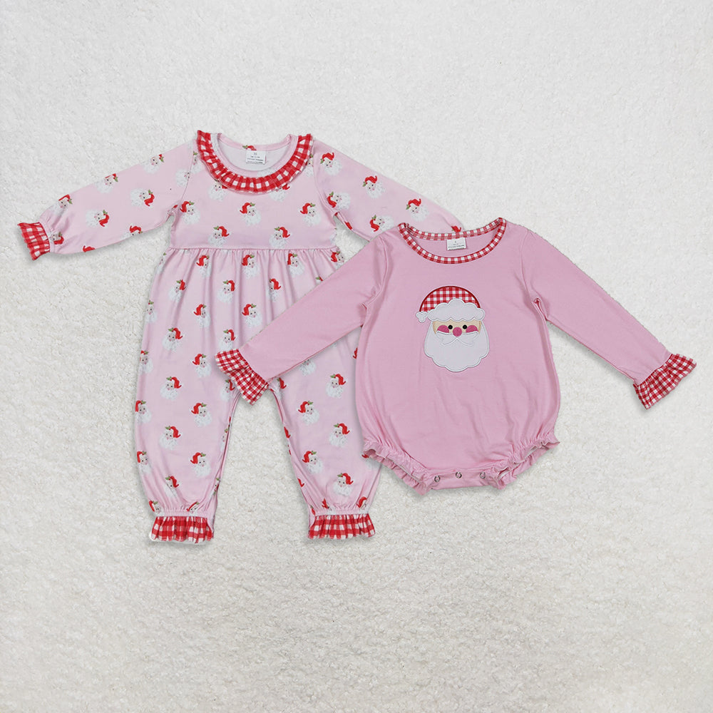 9.30 RTS Silbing Baby Infant Girls Christmas Pink Santa Long Ruffle Sleeve Rompers